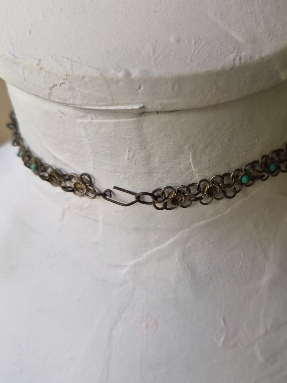 Vintage Brass Chainmail Turquoise silver tone Bib Choker Tribal Boho Necklace - Picture 4 of 9